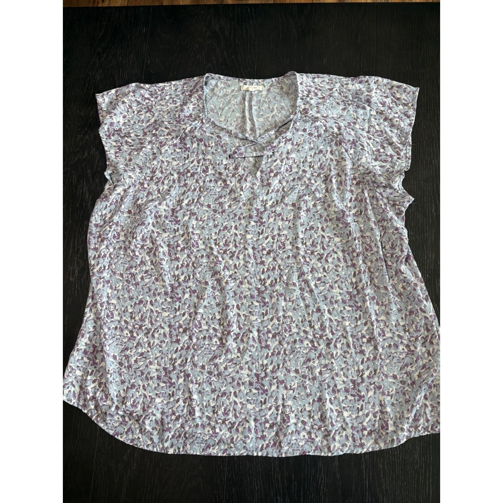 Maurices Blouse Womens 2 Purple Blue Abstract Floral Lattice Neck Short Sleeve